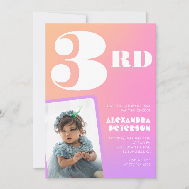 Pink 3rd birthday invitations Colourful Photo (Front)