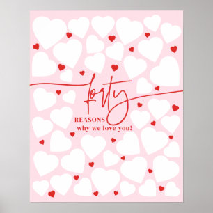 Pink 40 Reasons We Love You Hearts Gift Birthday Poster
