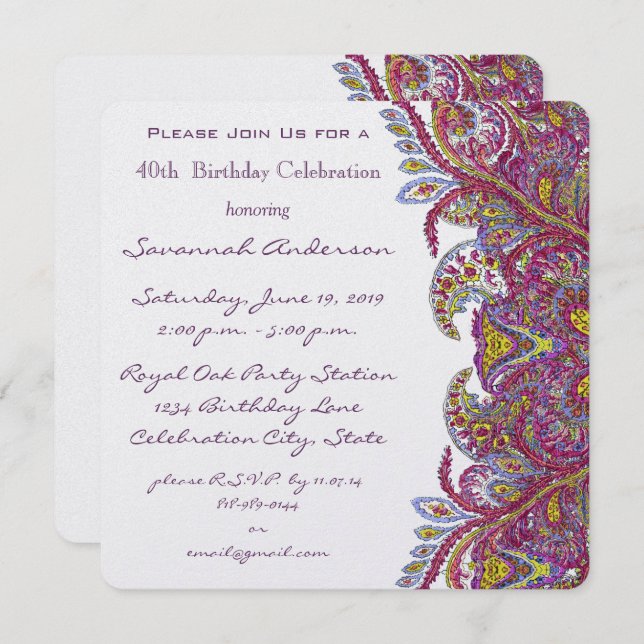 Pink 40th Birthday Party Invitations (Front/Back)