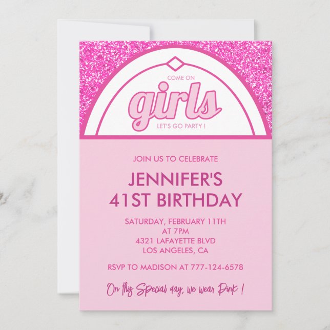 Pink 41st birthday invitations Glitter Girl (Front)