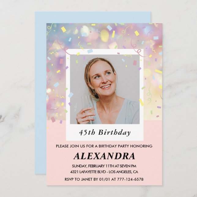 Pink 45th birthday invitations Confetti Photo  (Front/Back)