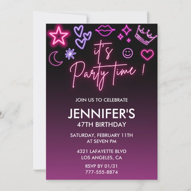 Pink 47th birthday invitations for her Modern Neon (Front)