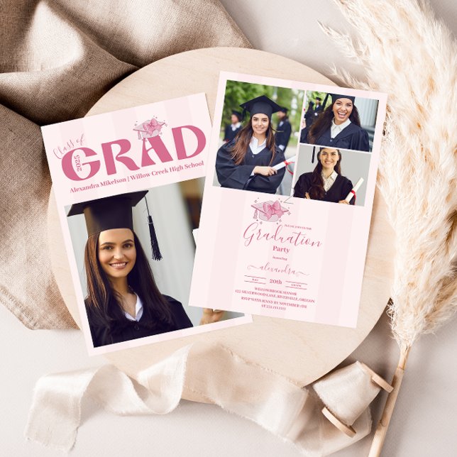 Pink 4 Photos Coquette  Bow Graduation Party Invitation (Creator Uploaded)