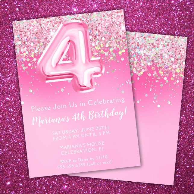 Pink 4th Birthday Invitation Girly Pink Glitter (Creator Uploaded)