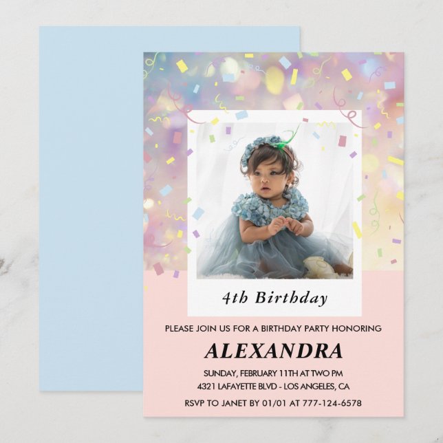 Pink 4th birthday invitations Confetti Photo  (Front/Back)