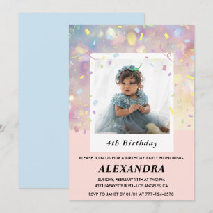 Pink 4th birthday invitations Confetti Photo 