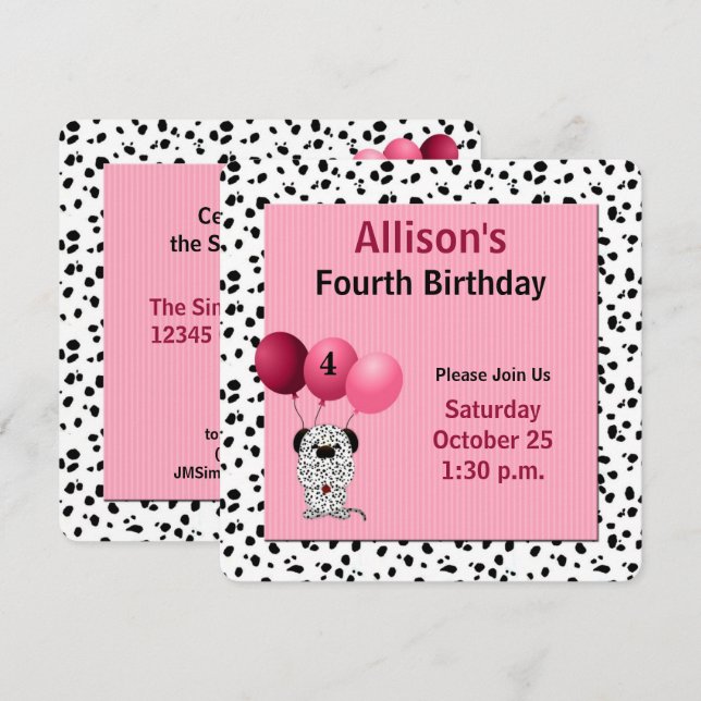 Pink 4th Birthday Party Dalmatian Theme Invitation (Front/Back)