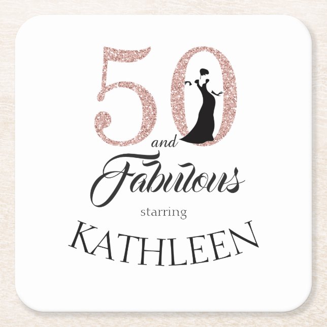 Pink 50 and Fabulous Birthday Party Custom Name Square Paper Coaster (Front)
