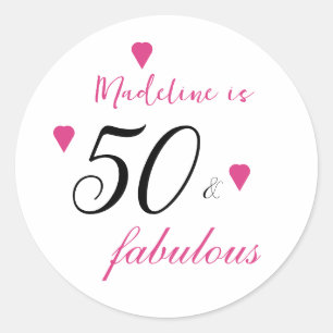 Pink 50 fabulous hearts typography 50th birthday classic round sticker