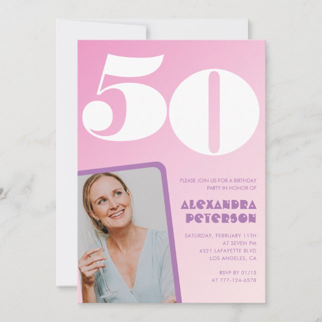 Pink 50th birthday invitations Retro Photo (Front)