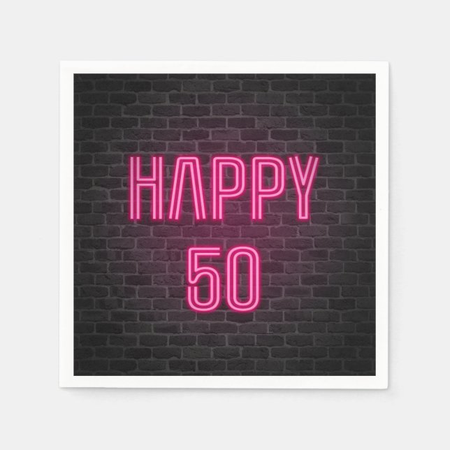 Pink 50th Birthday neon sign on brick wall Napkin (Front)