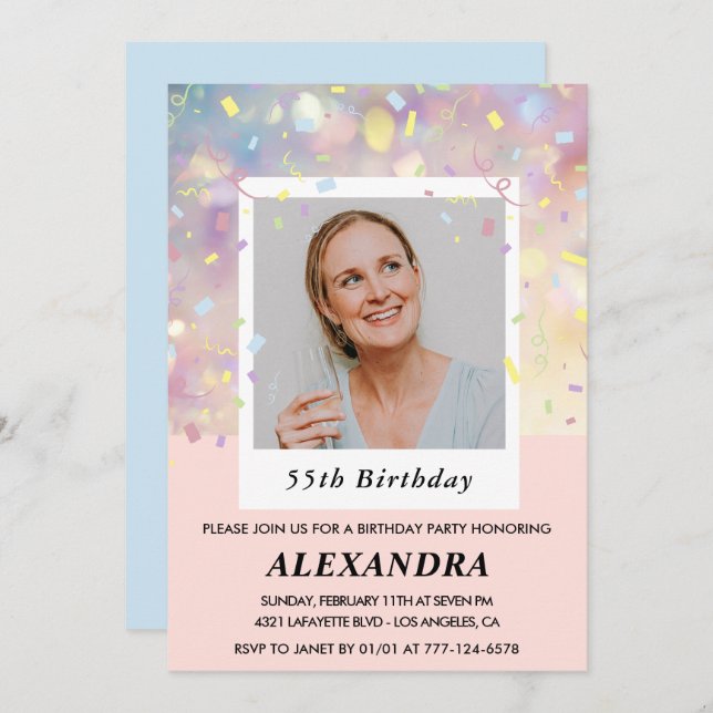 Pink 55th birthday invitations Confetti Photo  (Front/Back)