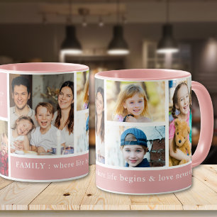 Pink 5 Photo Family Where Life Begins Quote Mug
