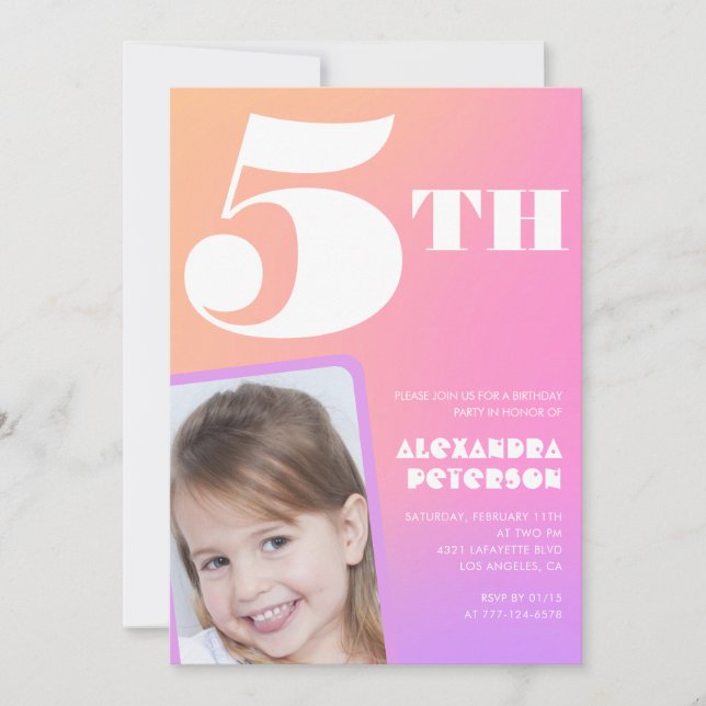 Pink 5th birthday invitations Colourful Photo (Front)