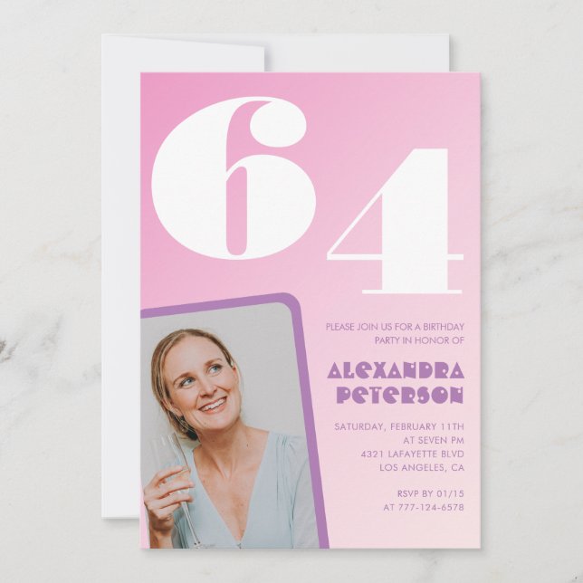 Pink 64th birthday invitations Retro Photo (Front)