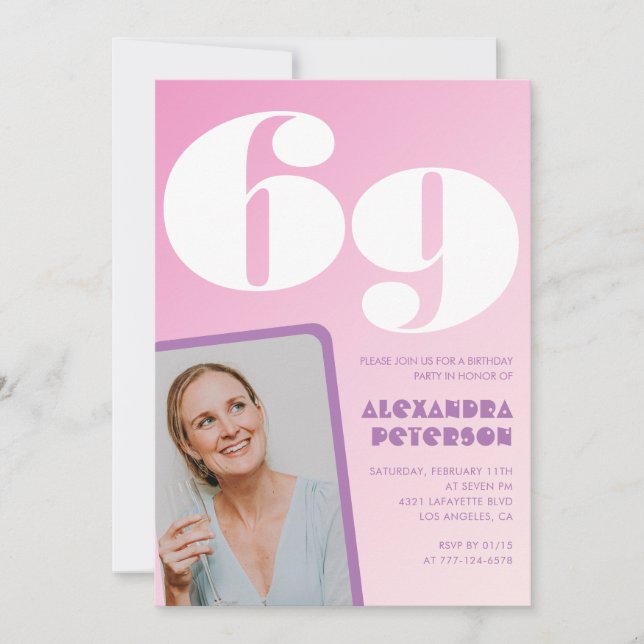 Pink 69th birthday invitations Retro Photo (Front)