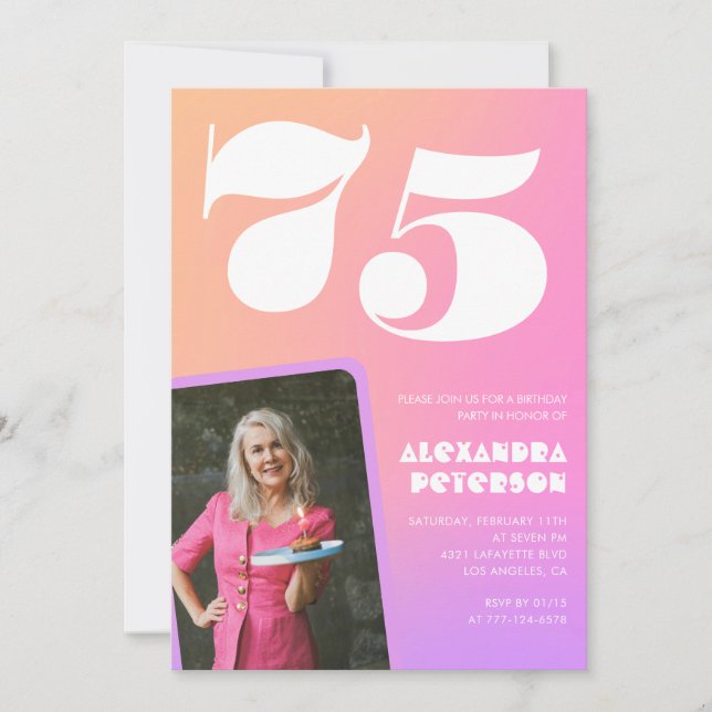 Pink 75th birthday invitations for her Retro Photo (Front)