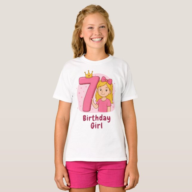 Pink 7th Birthday Girl with Crown and Bow T-Shirt (Front Full)