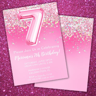 Pink 7th Birthday Invitation Girl Pink Glitter
