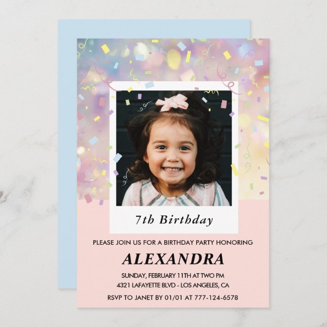 Pink 7th birthday invitations Confetti Photo  (Front/Back)