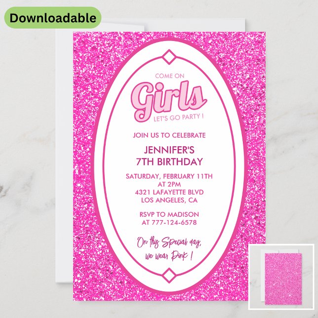 Pink 7th birthday invitations Glitter fushia (Creator Uploaded)