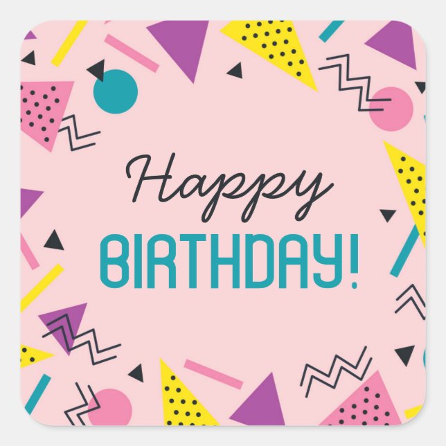 Pink 80s Pattern Birthday Square Sticker (Front)