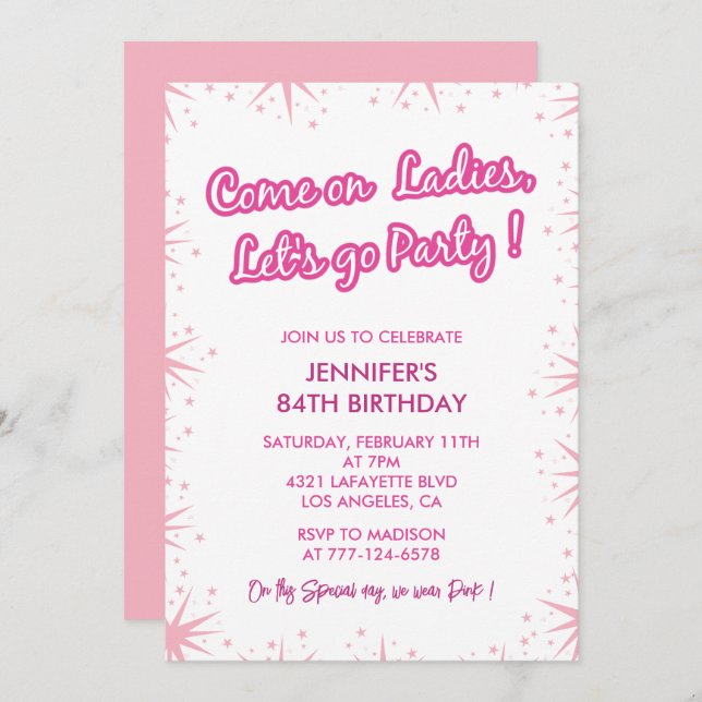 Pink 84th birthday invitations Sparkle Glam (Front/Back)