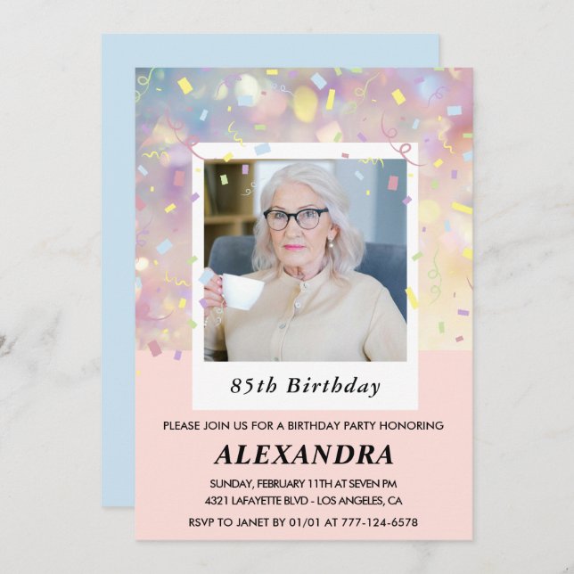 Pink 85th birthday invitations Confetti Photo  (Front/Back)