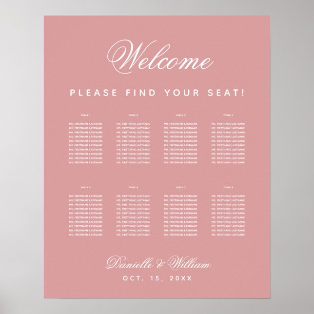 Pink 8 Table Dusty Rose Wedding Seating Chart  (Front)