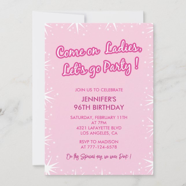 Pink 96th birthday invitations Trendy Sparkle (Front)