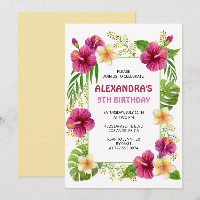 Pink 9th birthday invitations Tropical Party (Front/Back)