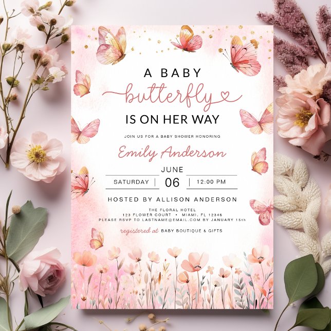Pink A Baby Butterfly is on Her Way Girl Shower Invitation (Creator Uploaded)