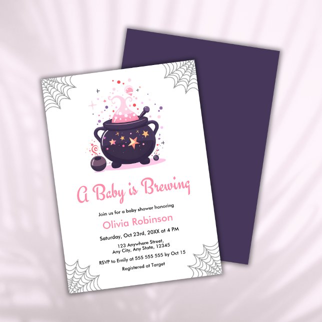 Pink A Baby is Brewing Halloween Baby Shower Invitation (Pink A Baby is Brewing Cauldron Halloween Girl Baby Shower Invitation  )