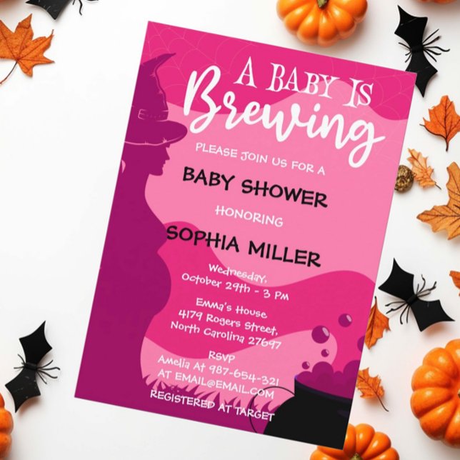 Pink A Baby Is Brewing Halloween Witch Baby Shower Invitation (Creator Uploaded)