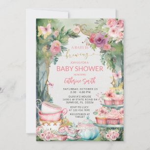 Pink A Baby Is Brewing Tea Party Baby Shower  Invitation