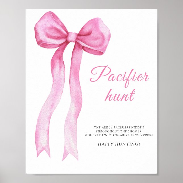 Pink a bow - pacifier hunt baby shower game poster (Front)