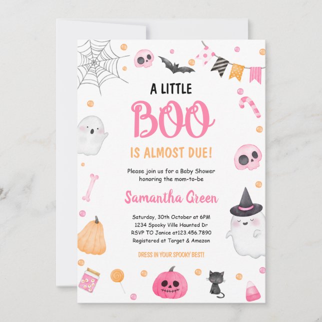Pink A Little Boo Baby Shower Halloween Invitation (Front)