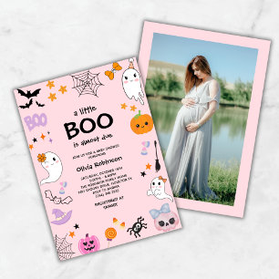 Pink A Little Boo Cute Photo Halloween Baby Shower Invitation