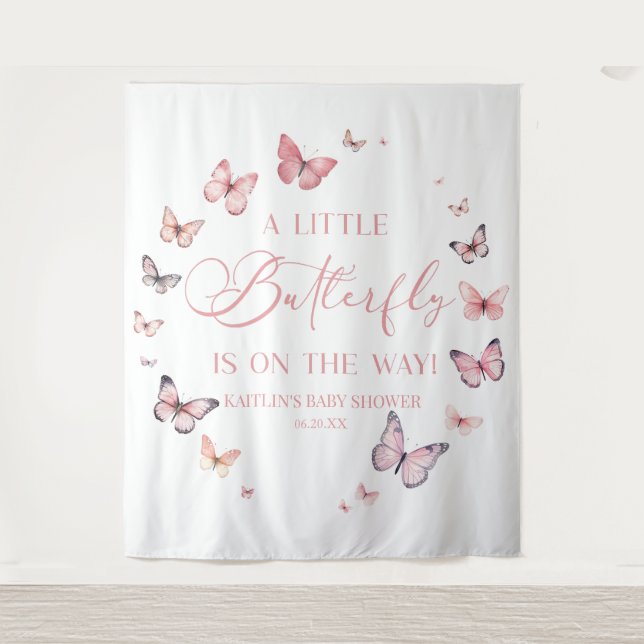 Pink A Little Butterfly Is On The Way Baby Shower  Tapestry (Front)