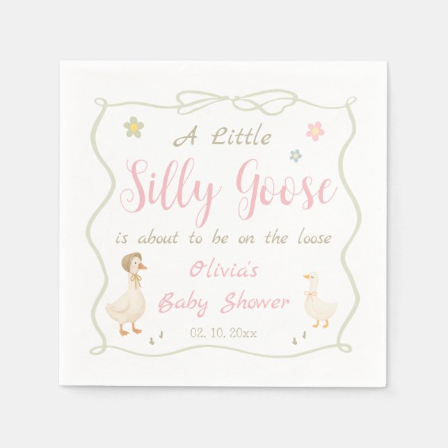 Pink A Little Silly Goose Baby Shower  Napkin (Front)