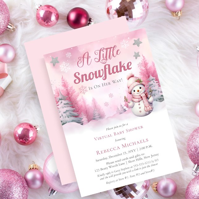 Pink A Little Snowflake Girl Virtual Baby Shower Invitation (A Little Snowflake Pink Winter Snow Girl Virtual Baby Shower)