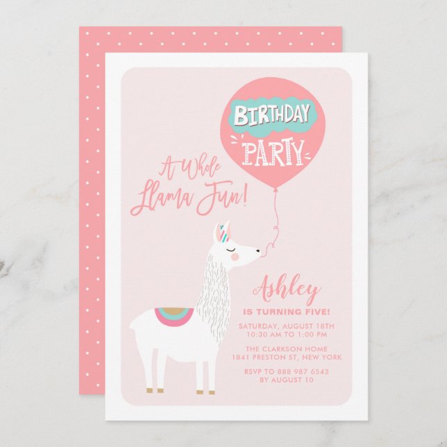 Pink A Whole Llama Fun Kids Birthday Invitation (Front/Back)
