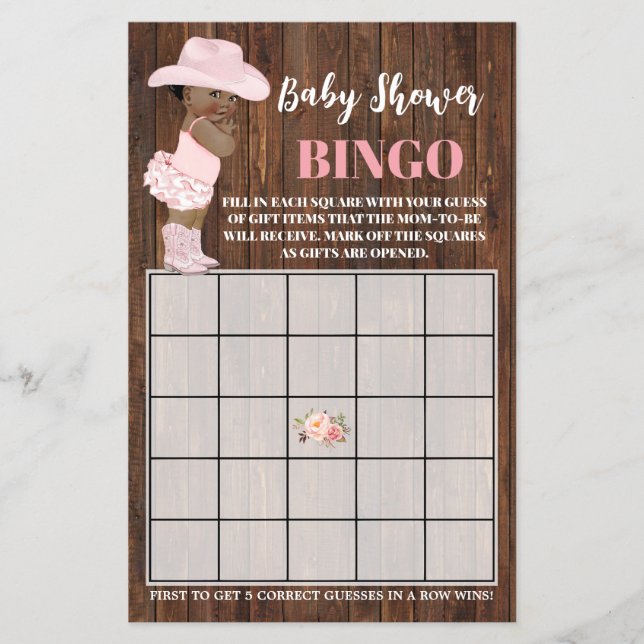 Pink AA Cowgirl Baby Shower Bingo Game Card Flyer (Front)