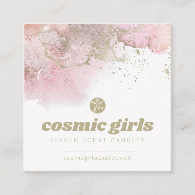 Pink Abstract Art with Gold Accents Square Business Card (Front)