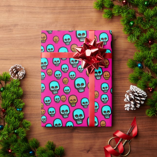 Pink Abstract Cartoon Skull Design Wrapping Paper (Holiday Gift)