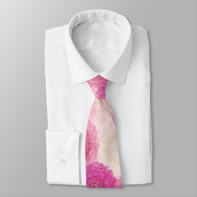 Pink Abstract Floral Lace Circle Pattern Tie (Tied)