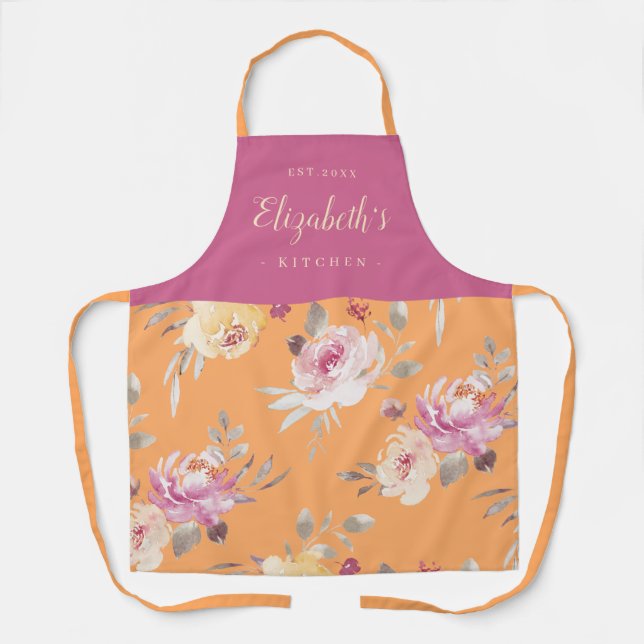 Pink abstract floral pattern personalised cooking apron (Front)