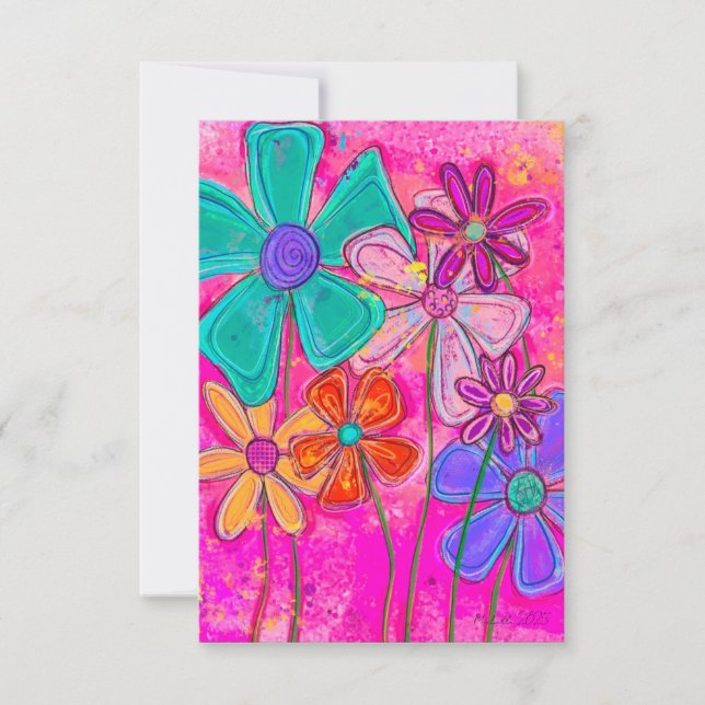 Pink Abstract Flowers Thank You Card (Front)