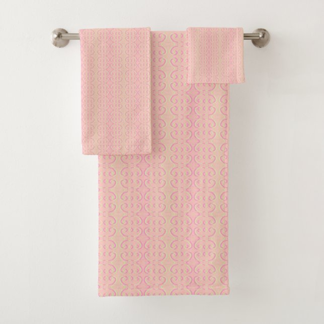 Pink Abstract Geometric Striped Pattern Bath Towel Set (Insitu)