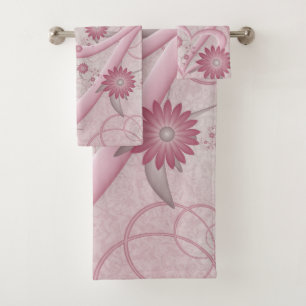 Pink Abstract Hearts & Flowers Love Fractal Art Bath Towel Set